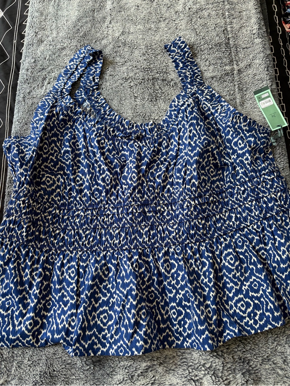 Terra & Sky Blue Printed Smocked Tank with Ruffled Hem